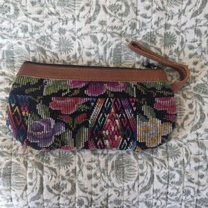Nena & Co. Multicolor Embroidered Wristlet Clutch with Brown Trim